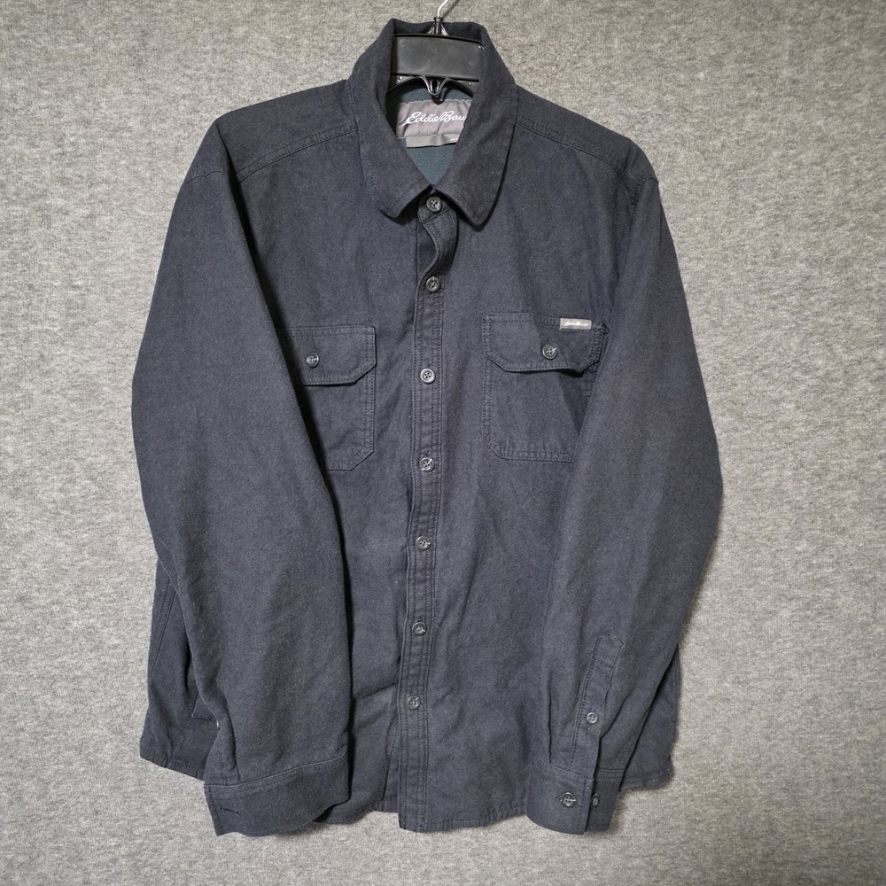 Eddie Bauer Jacket Mens Large Fleece Lined Flex Canvas Button Chore Coat Black